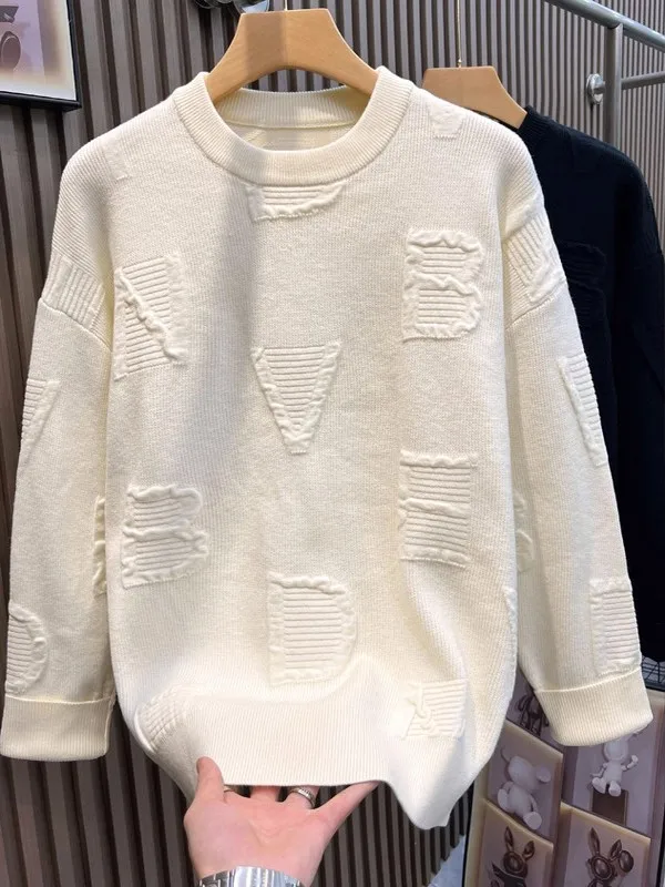 

2025 New American Retro 3D Knitted Sweater Men's Spring Autumn Loose round Ne Knitted irt Trendy Brand Soft Long Sve