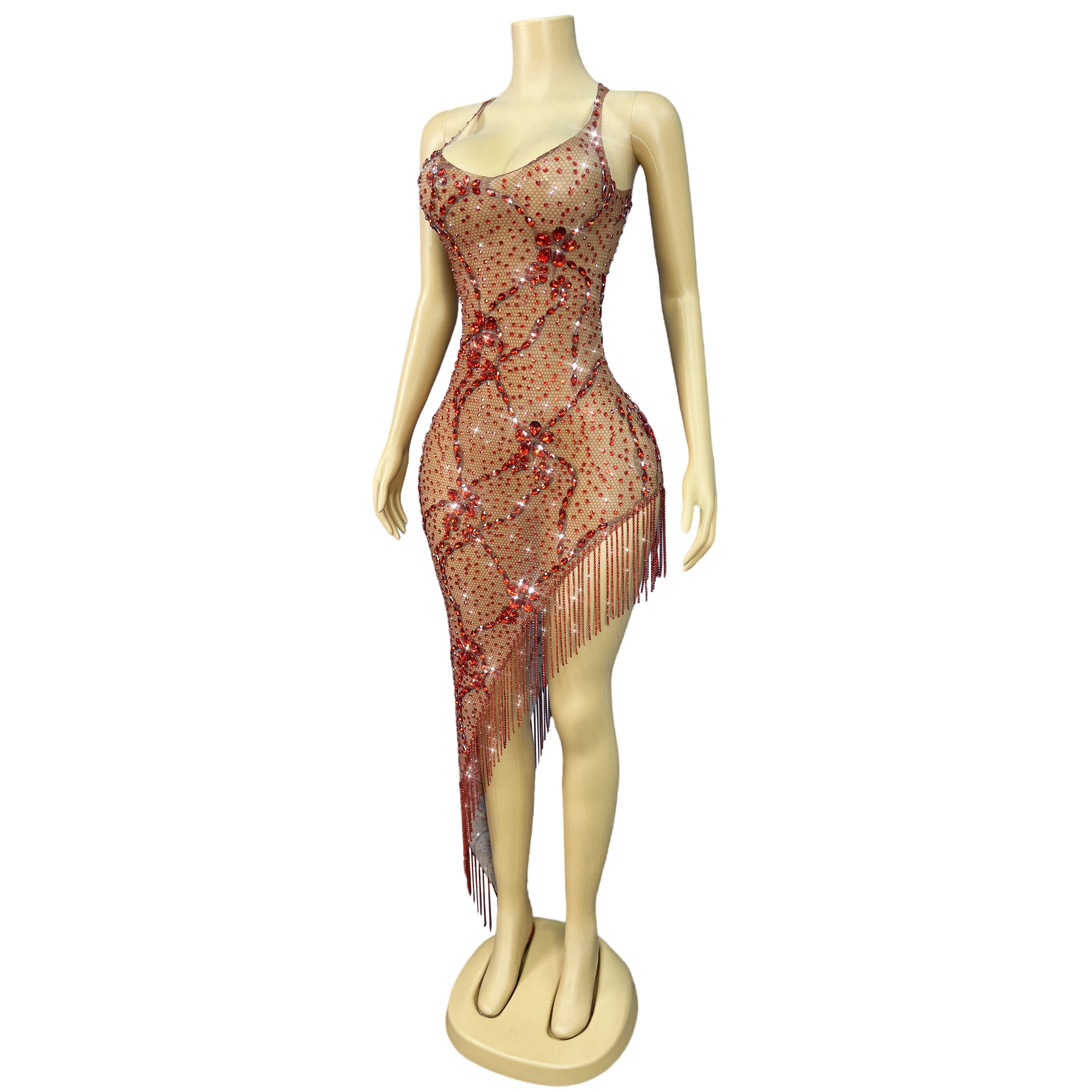 럭셔리 크리스탈 프린지 이브닝 드레스 라인스톤 생일 섹시 홀터넥 비즈 드레스 공연 컬렉션 canghonghua