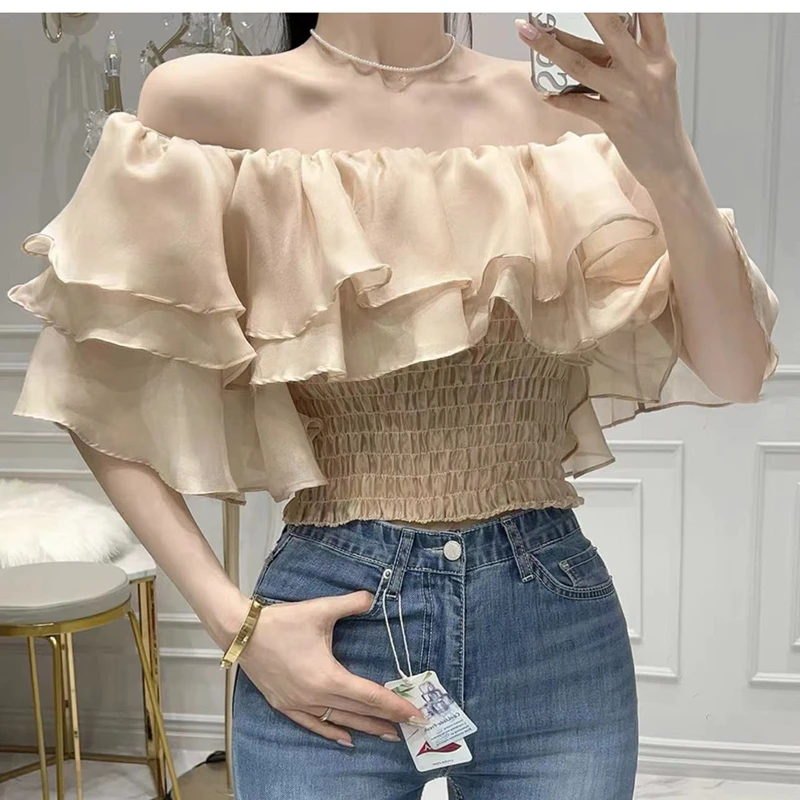 2023 Spring sexy sweet slash neck shirt Summer Fashion Lyocell Double Layer Lotus Collar Tops Lightweight rayon shirt plus size