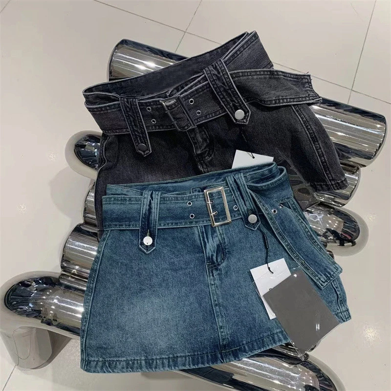 

Винтажные джинсовые мини-юбки для женщин в стиле Y2K с высокой талией, уличная одежда с поясом, джинсовые юбки, женские сексуальные облегающие юбки А-силуэта, универсальные