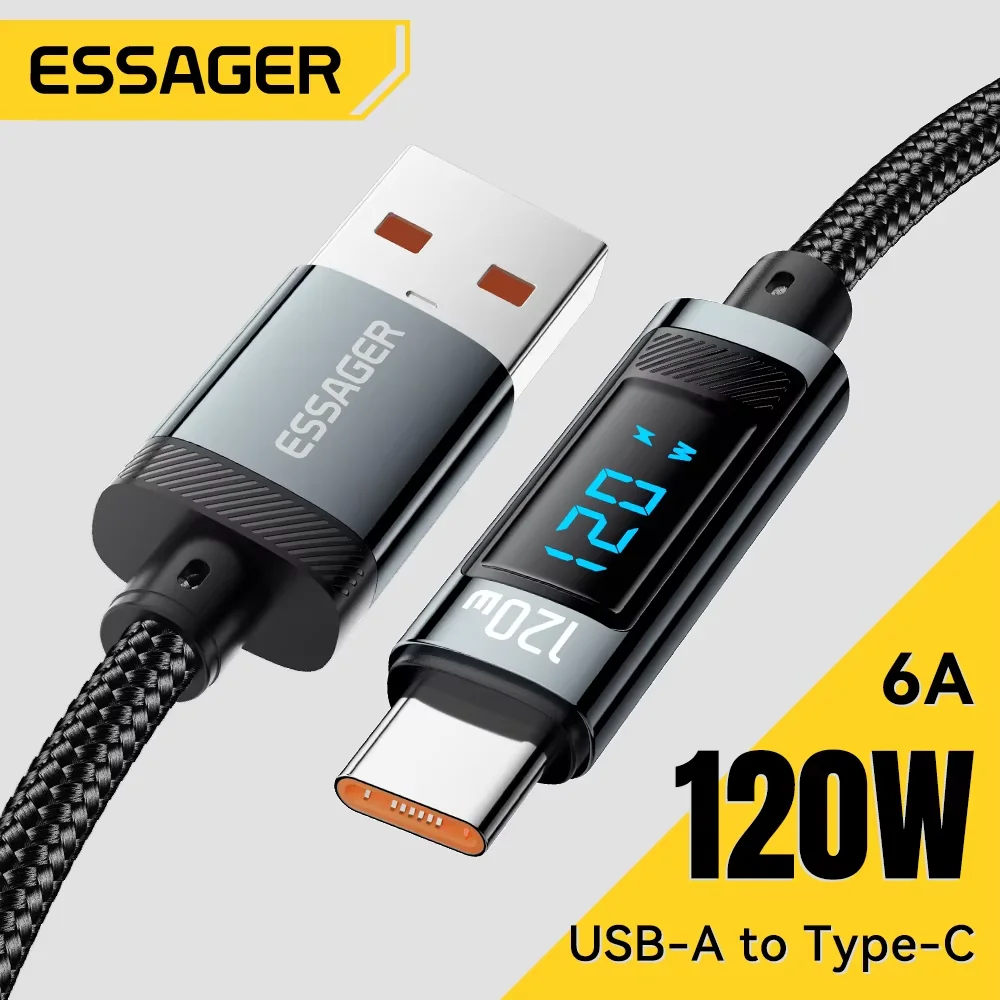 Essager 120 Вт USB-кабель типа C для быстрой зарядки USB C, шнур зарядного устройства для iPhone 15 14 13 12 Huawei со светодиодным цифровым дисплеем