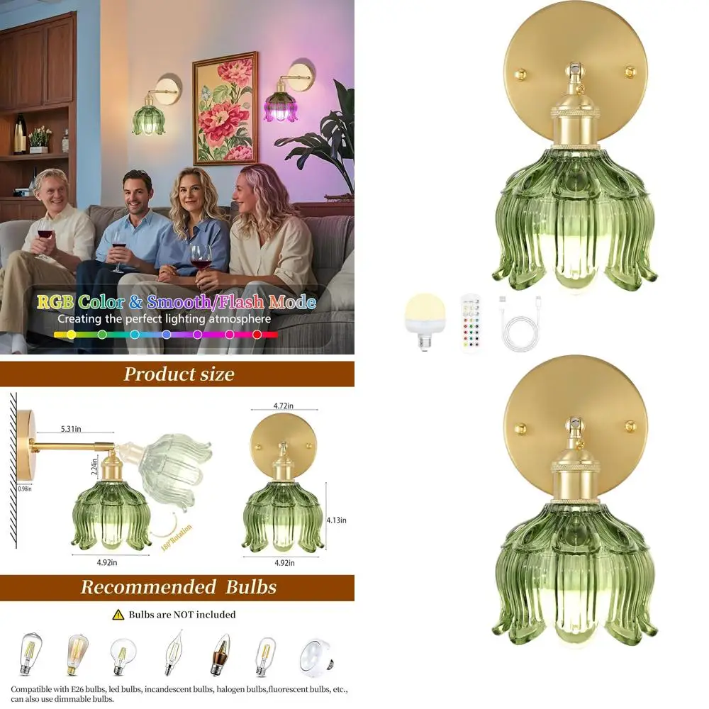 

Battery-Powered Wall Sconce with Flower Shade, 15-Color LED for Home Decor (Green, 1 Light)