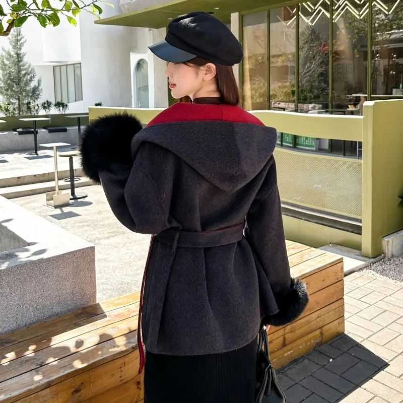 Fox fur coat women's coat new autumn and winter wool coat medium long woolen coat Korean version hooded coat
