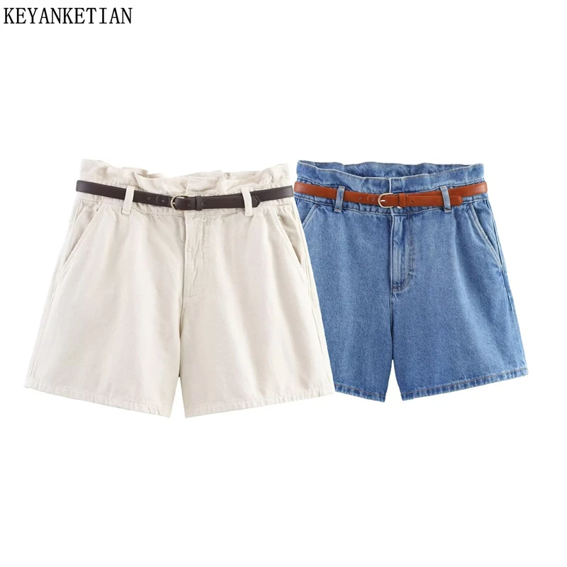 

KEYANKETIAN 2025 летние новые женские джинсовые шорты в стиле досуга с украшением в поясе на молнии с высокой талией, свободные джинсы, популярные шорты