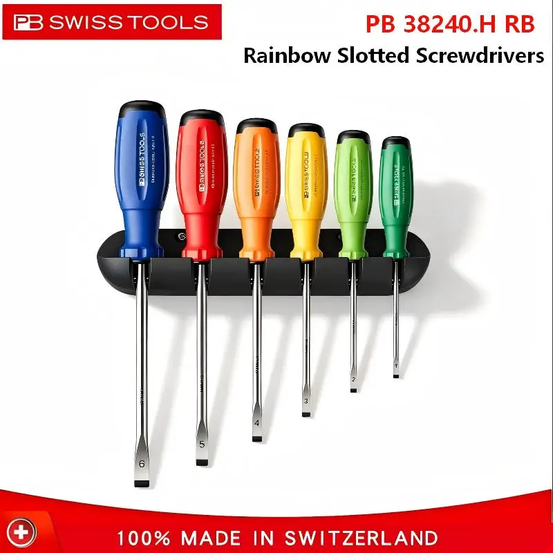 PB Swiss Tools Rainbow Slotted Screwdriver Set 6PCS SwissGrip Evo Anti Slip Wall Storage Home Garage Tool PB 38240.H RB
