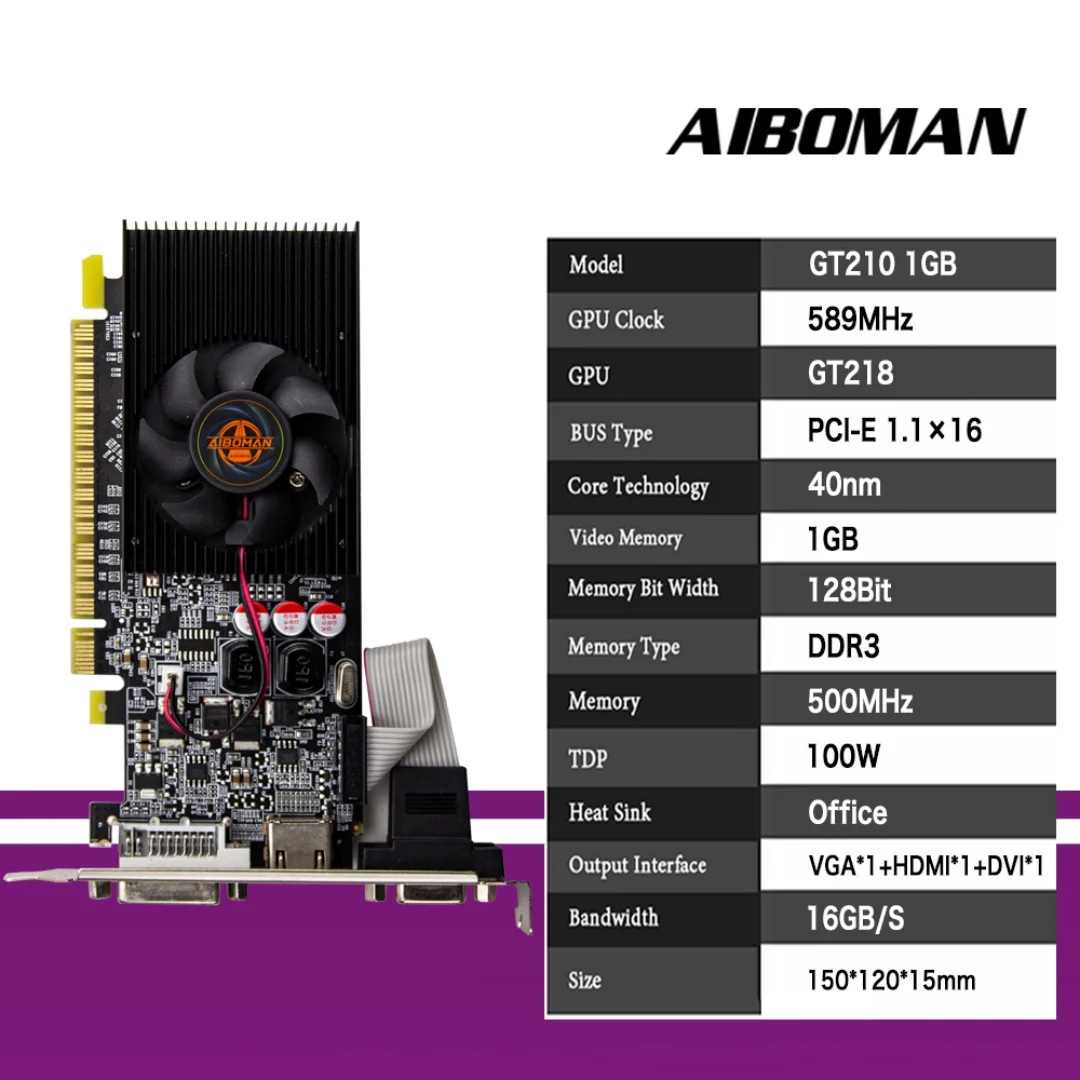 AIBOMAN GT210 1GB بطاقة رسومات الكمبيوتر GDDR3 HDCP جاهزة PCI-E 1.1x16 ملحقات تجميع الكمبيوتر 589MHz GPU على مدار الساعة #3