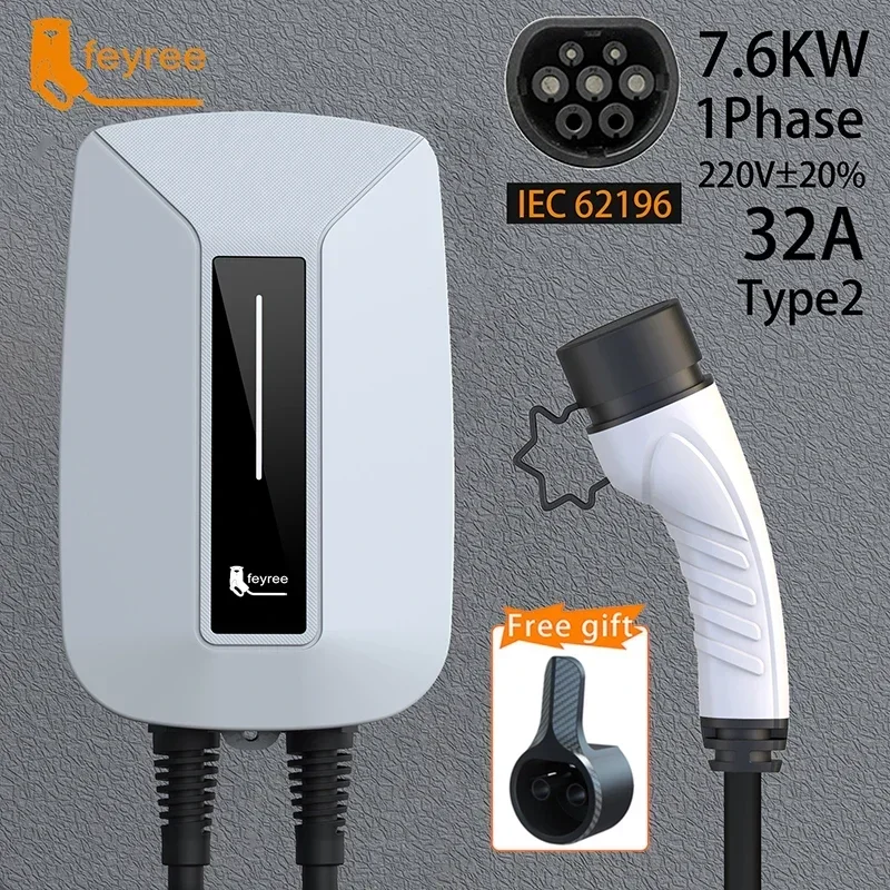 feyree EV Charger Type2 Cable EVSE Wallbox 32A 7KW IEC62196-2 Socket 1Phase 5m Cable Wallmount Charging Station for Electric Car