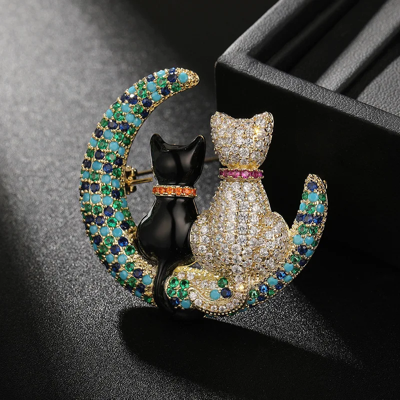 

Moon Cat Zircon Brooch Heavy Double Cat Pin Blue Series Copper Vintage Brooch Corsage Exquisite Gift Brooch For Men And Women