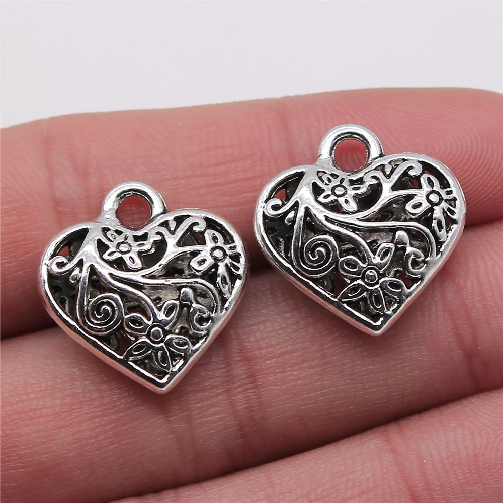 WYSIWYG 5pcs 20x21mm Charms 3D Hollow Carved Heart Antique Silver Color Metal Alloy Charms Jewelry DIY Accessories