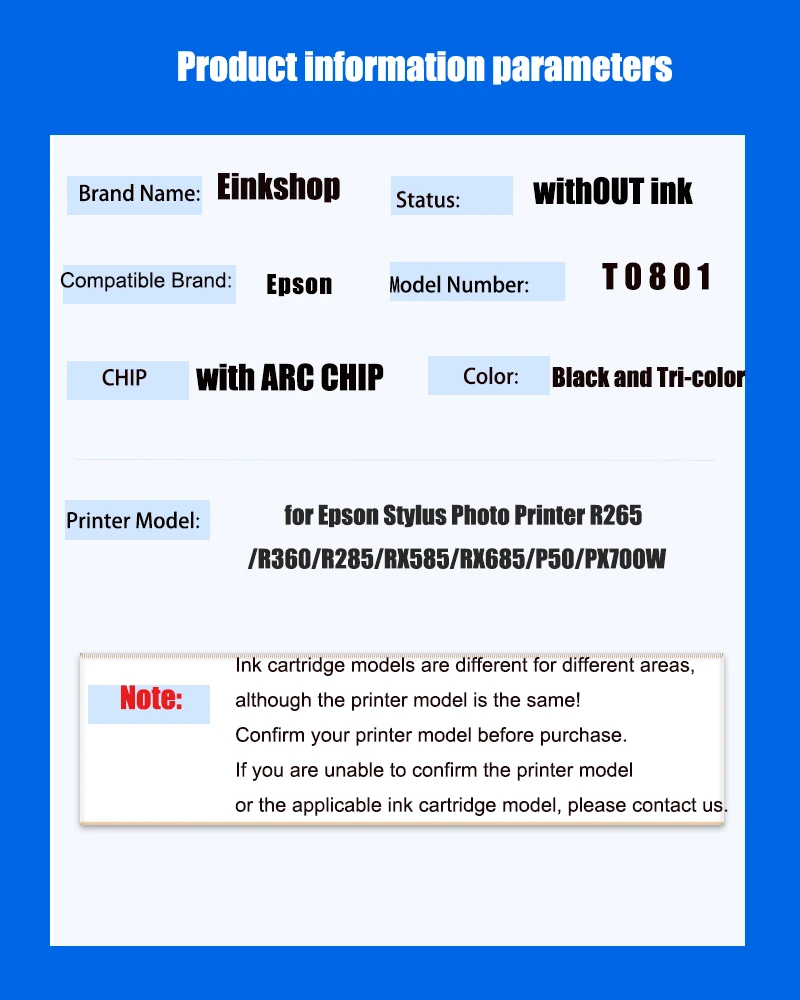 T0801-T0806 Refillable Ink Cartridge with Permanent Chip for Epson Stylus Photo Printer R265/R360/R285/RX585/RX685/P50/PX700W