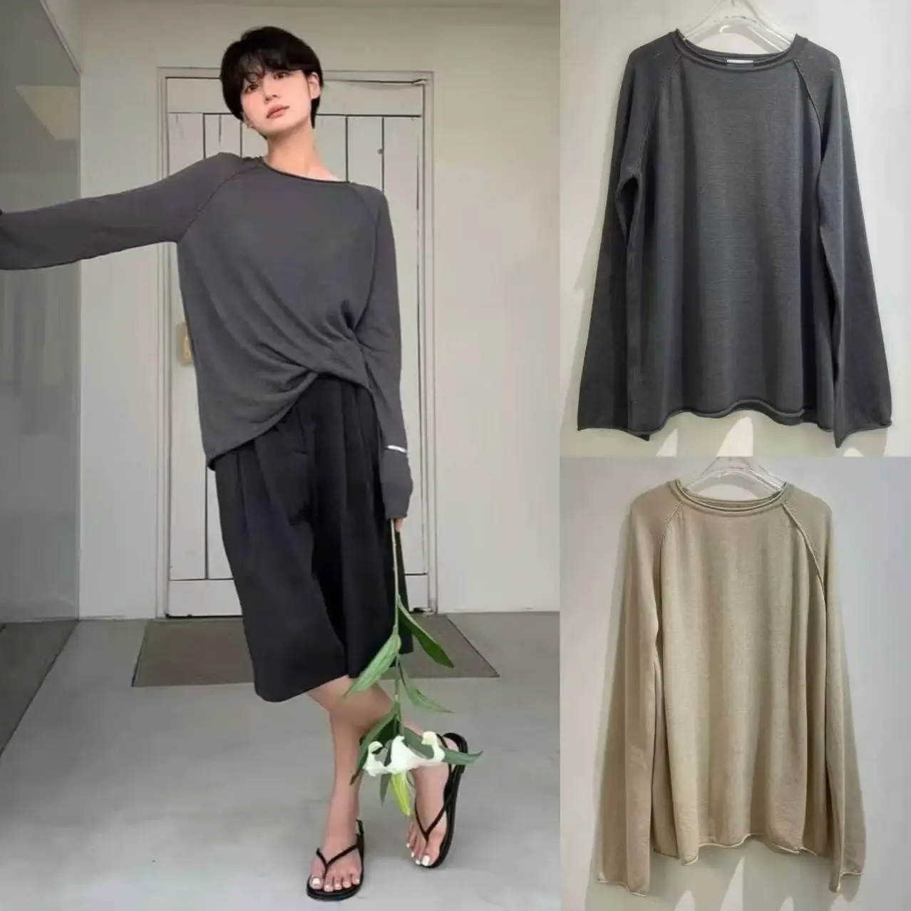 

Moia круглый трикотажный длинный топ све, тонкий повседневный свободный крой, однотонный, осень 2025, Новое поступление, женский модный топ