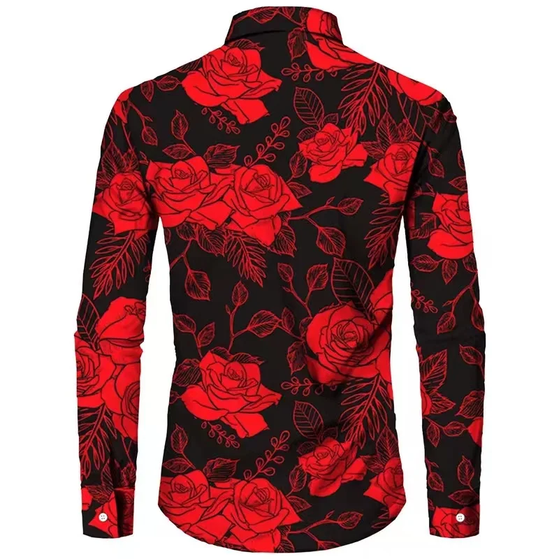 Spring and Autumn Men's Casual Outdoor Luxury Suit Lapel Shirt Long Sleeve Soft Comfortable Material Floral Rose Red HD Pattern