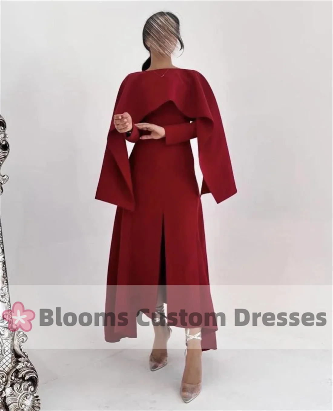 Blooms Customized Long Sleeves Evening Dresses Ankle-Length Formal Party Gown Chic Peacock Green Blue Wedding Prom Dress