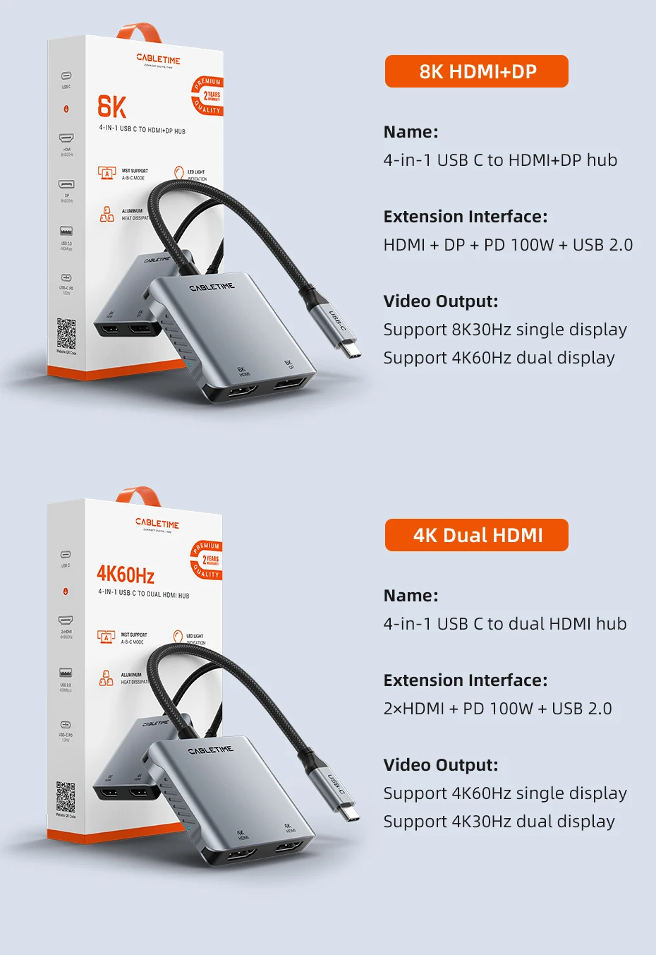CABLETIME USB C zu HDMI Adapter MST 4K 8K Dual HDMI Monitor Konverter Dreifach Display Kompatibel mit M1/M2/M3 Windows Mac Laptop – Detail 13