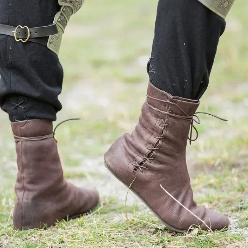 Botas medievais de couro carnaval para homens e mulheres, trajes cosplay, cavaleiro, caçador, príncipe, renda, viking, pirata, adereços de palco, sapatos retrô