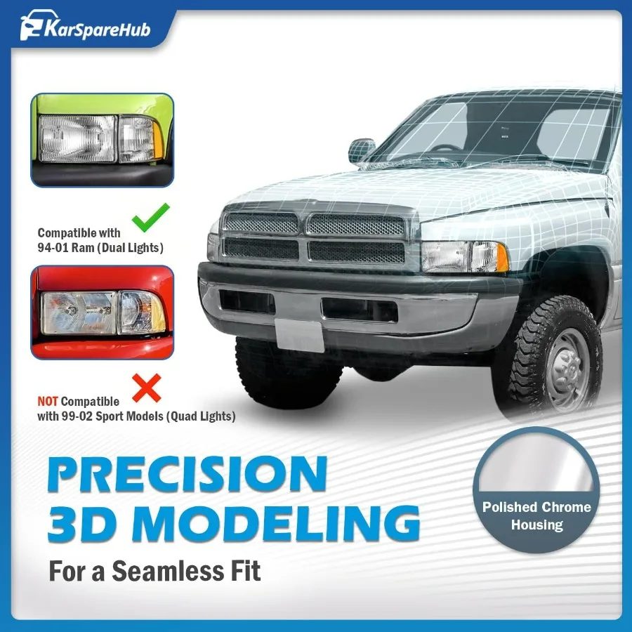 مجموعة المصابيح الأمامية لـ 1994-2001 دودج رام 1500 2500 3500 بيك اب، لـ 94-02 رام 2500 3500 مع علامة إشارة الانعطاف لوقوف السيارات الزاوية