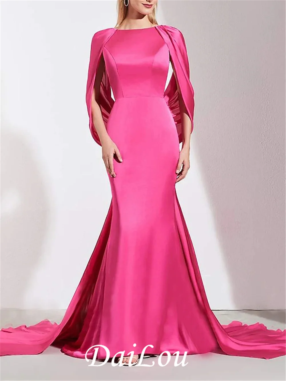 

Empire Elegant Wedding Guest Formal Evening Dress Jewel Neck Backless Sleeveless Court Train Charmeuse with Draping Pure Color