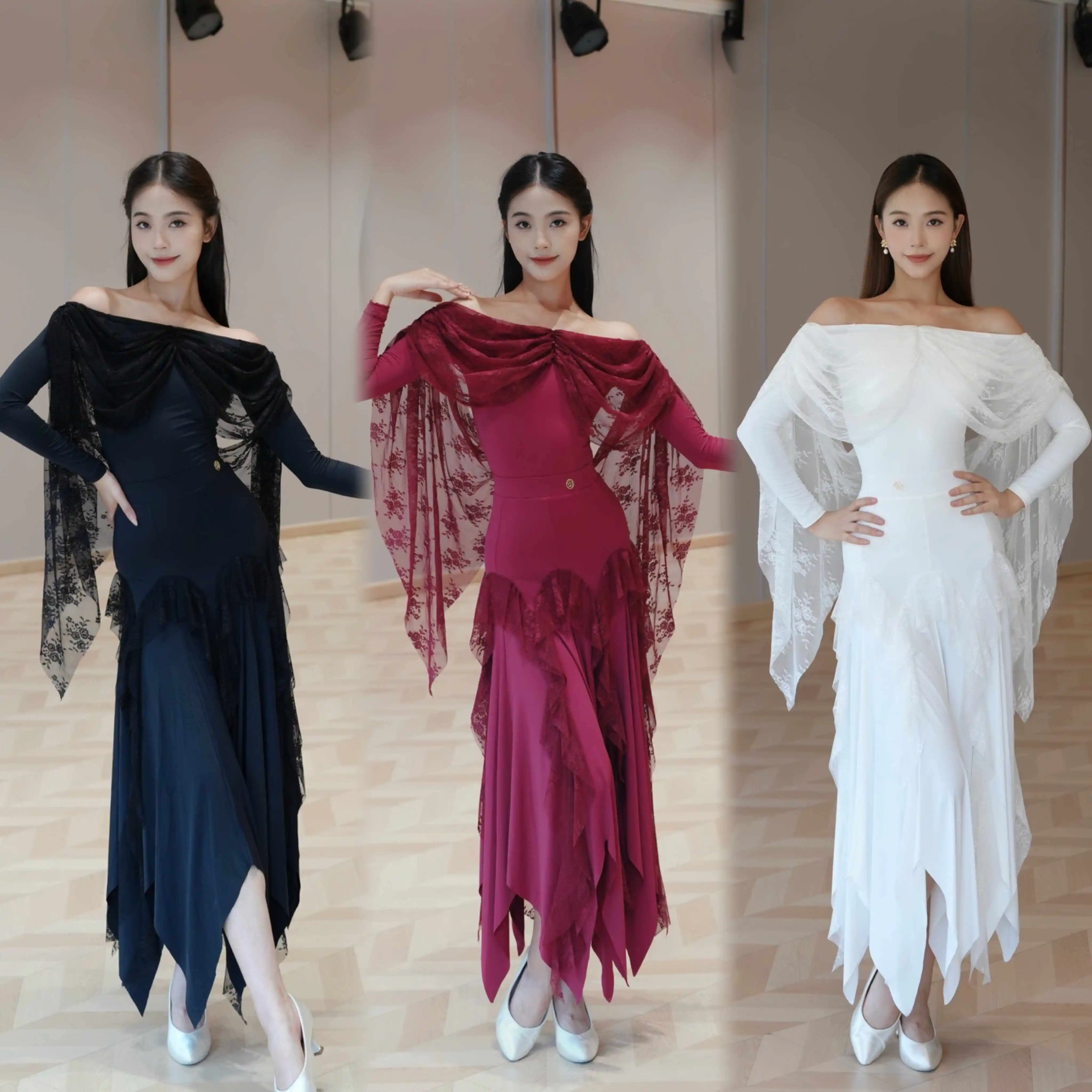 Ballroom Dance Dress Women Performance Costume White Lace Boat Neck Tops Skirt Practice Competition Clothes Waltz Dress BL17013