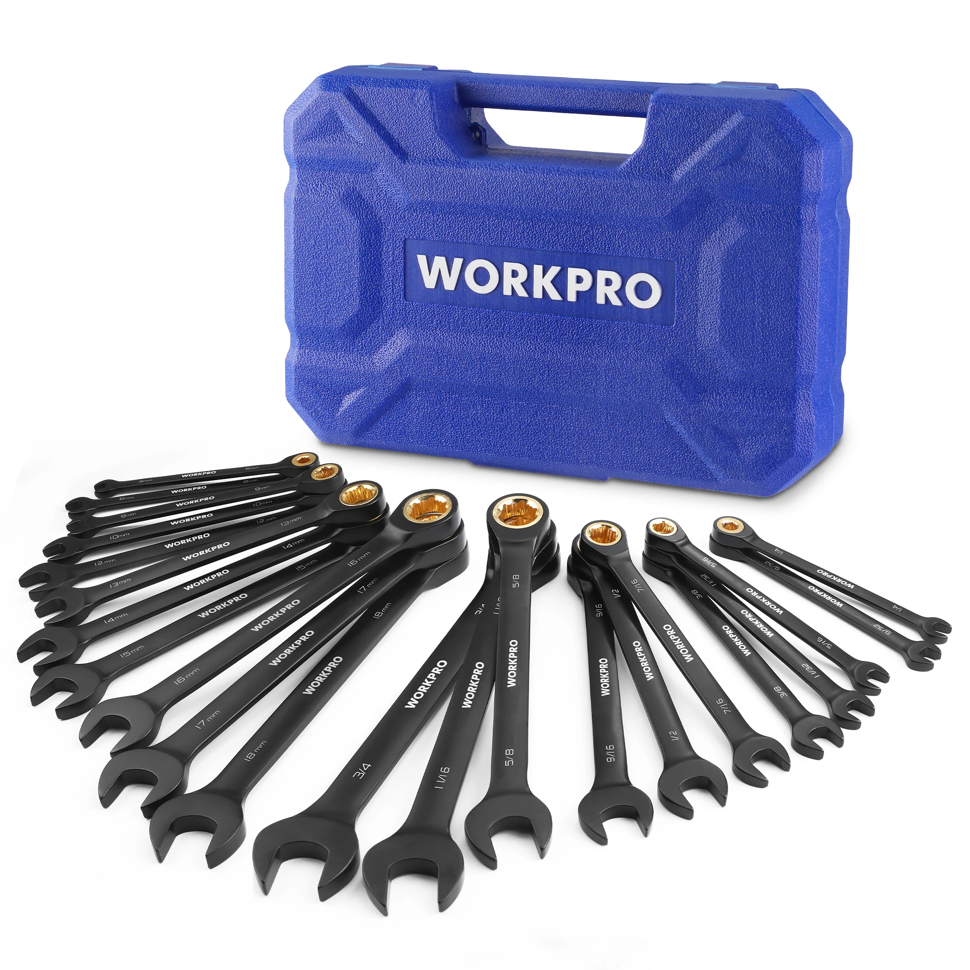 WORKPRO 22-Piece Ratcheting Wrench Set, Anti-slip Teeth, Ratchet Combination Wrench Sets with Organizer Box