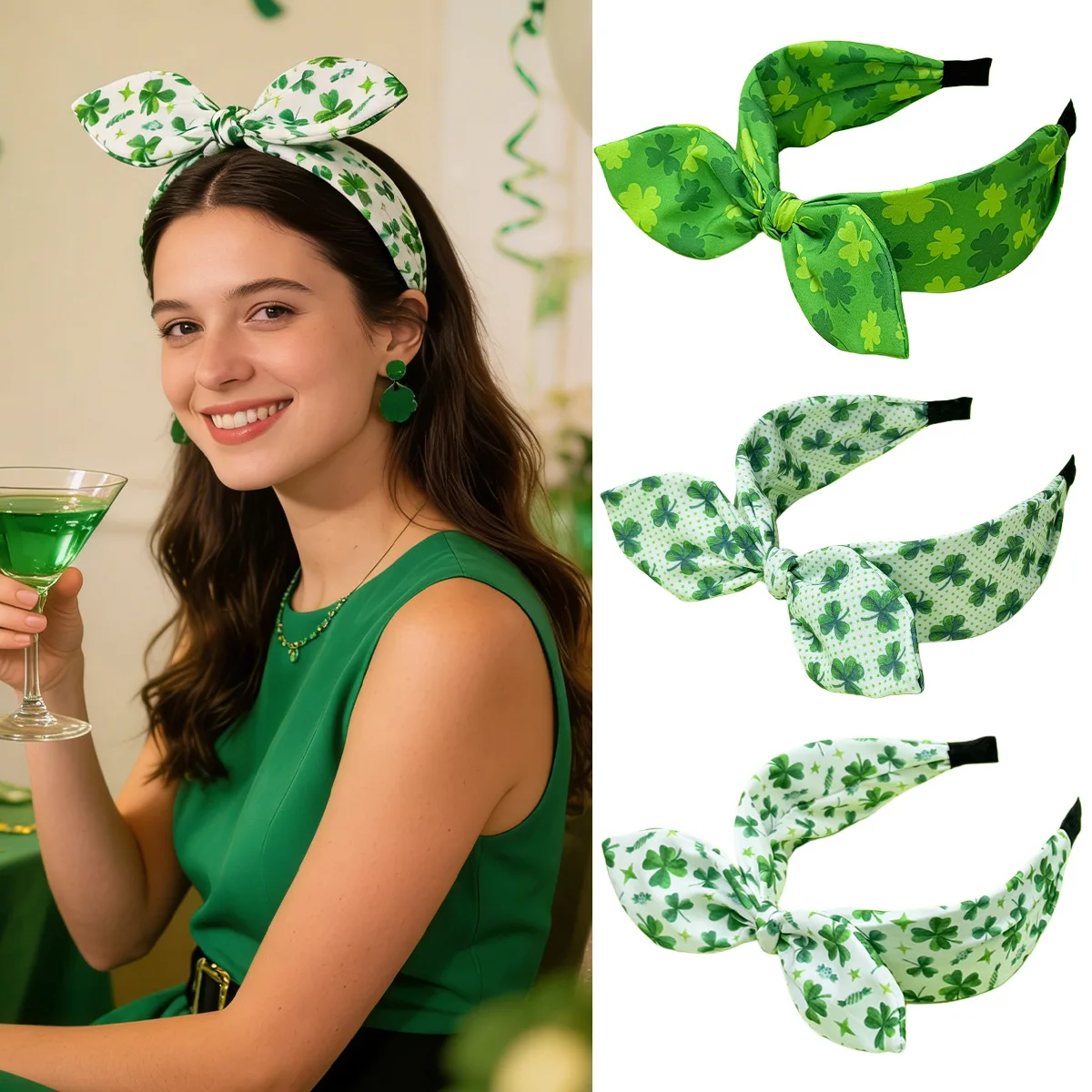 

1pc Green Clover Headband St. Patrick‘s Day Bow Hair Hoop Mesh Shamrock Party Festival Hair Accessory for Women