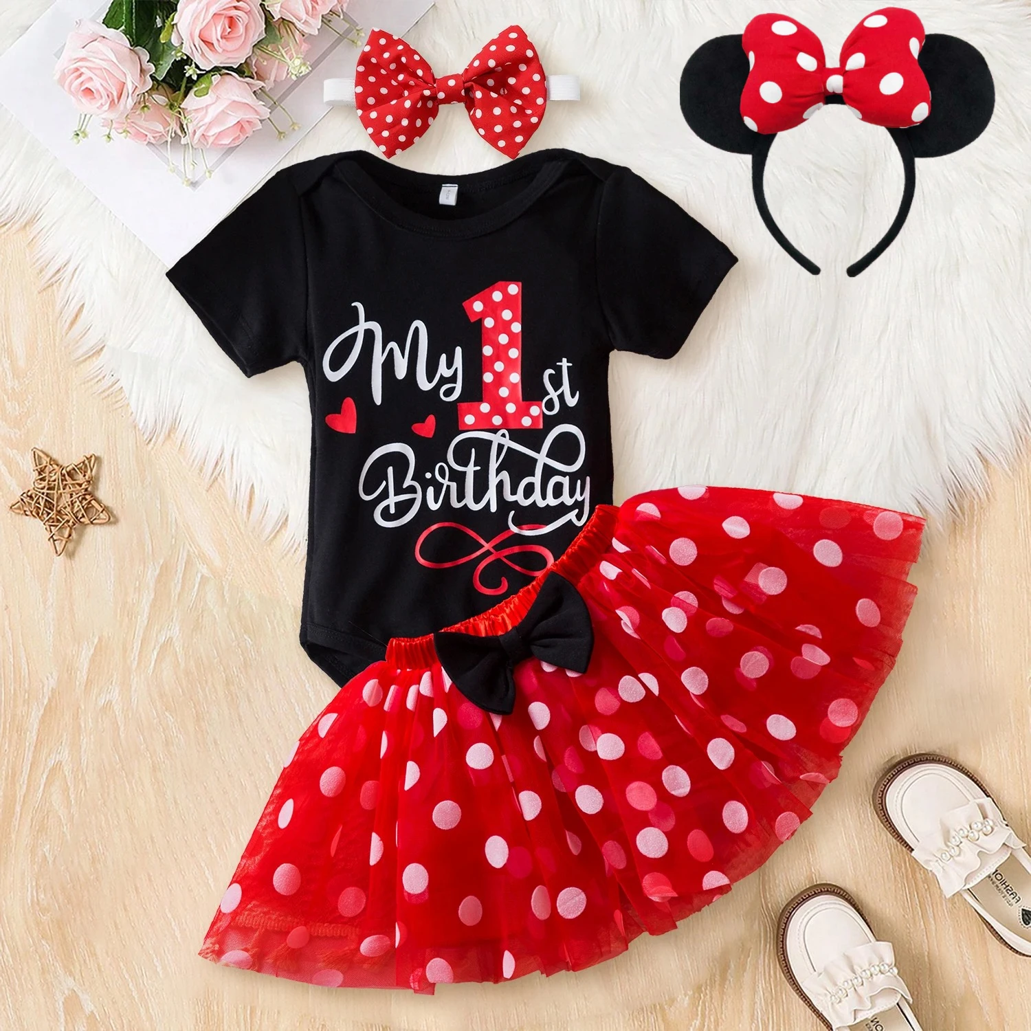 

4pcs Cute Baby Girls Cartoon Mouse Dress Newborn Infant 1st Birthday Party Dress Outfit Baptism Gown Baby Carnival Cosplay Dress