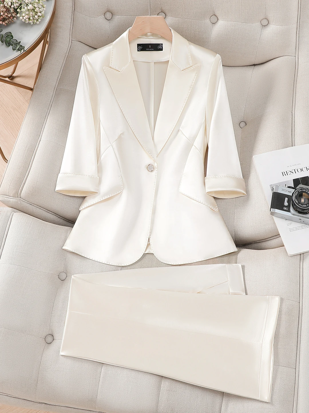 

Elegant Acetate Satin Suit Set Women's Commute Professional Waist-Cinched Jacket plus Size Customizable Fashion