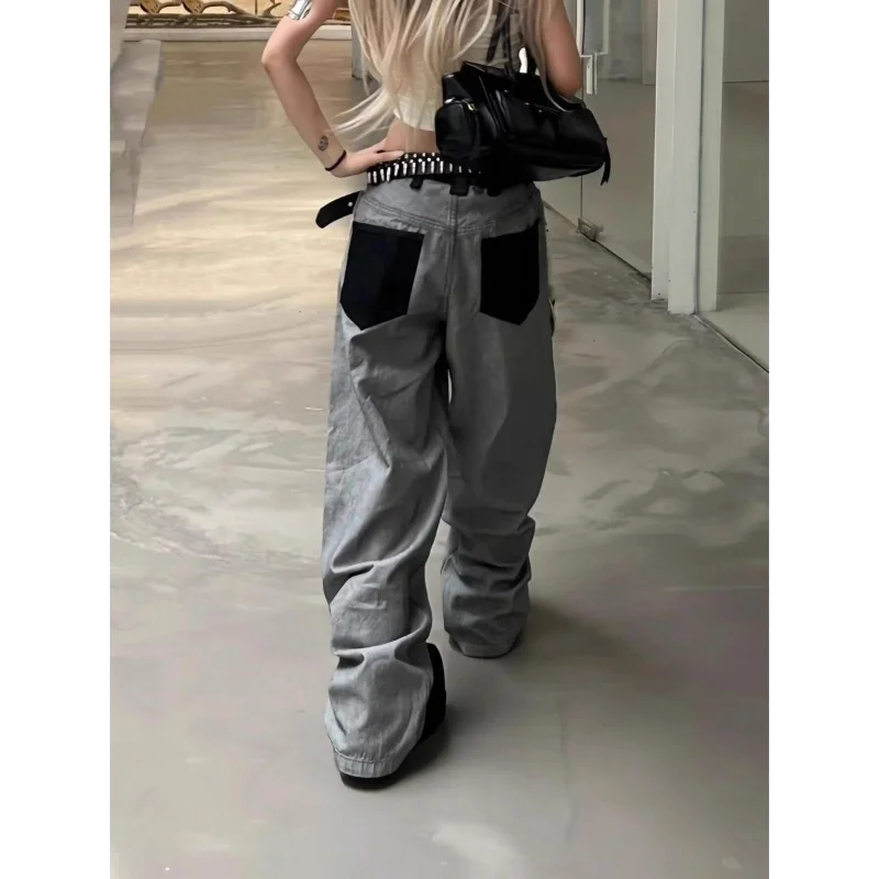 American Retro Design Sense Old-fashioned Large Pocket Printed Jeans for Women Casual Loose Wide-leg Trousers