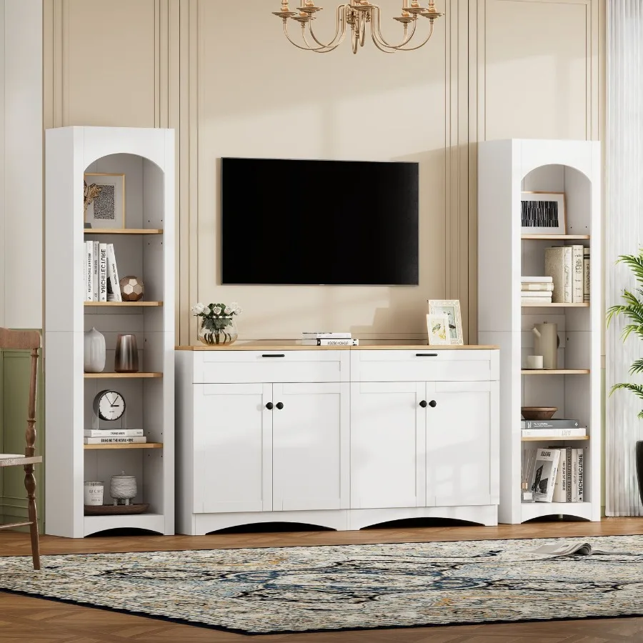 

ONTREND 3Piece Farmhouse Entertainment Center with Storage Cabinet for TVs Up to 70 MidCentury TV Stand with Bookshelf Rustic V