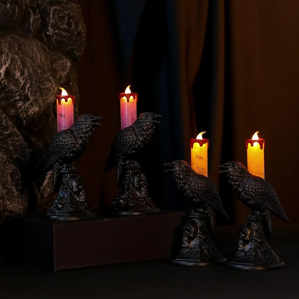 Kreative böse schwarze Krähe-Statue, leuchtender Kerzenständer, LED-Kerzen, Lichter, Halloween, Heimdekoration, Tischlampe, gruselige Ornamente