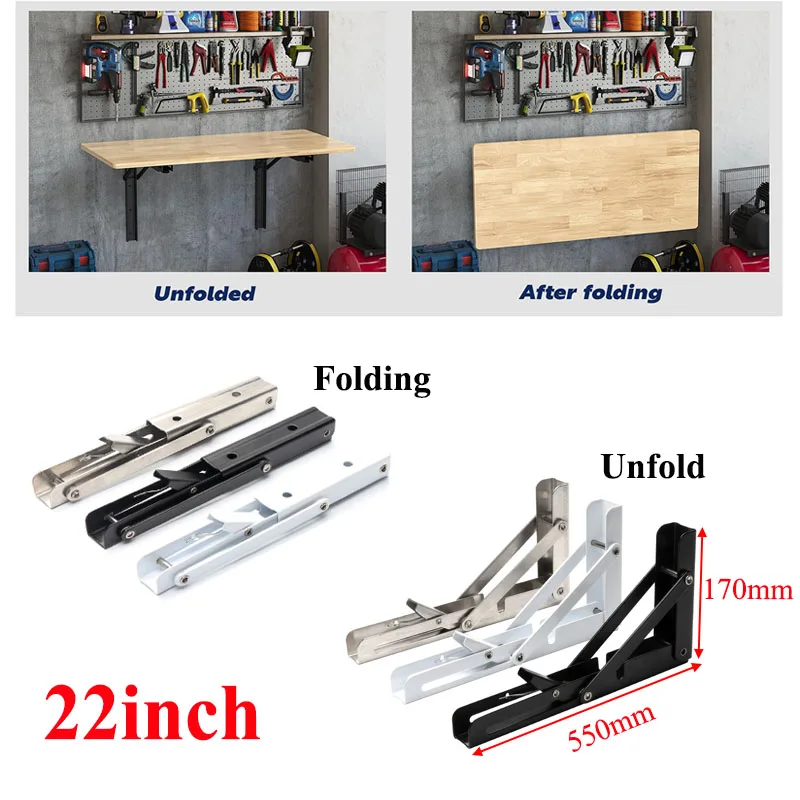 

Folding Shelf Brackets 22inch Heavy Duty Triangle Bracket Adjustable Wall Mounted Space Saving DIY Bracket Folding Design Black