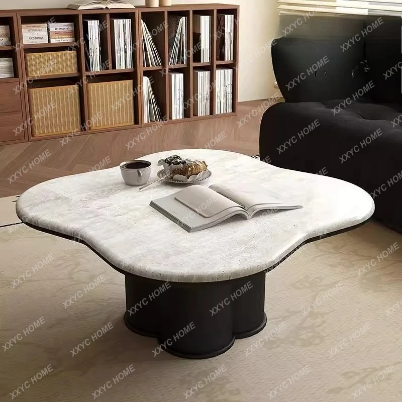 

LTravertine coffee table retro small apartment rock slab solid wood living room home light luxury