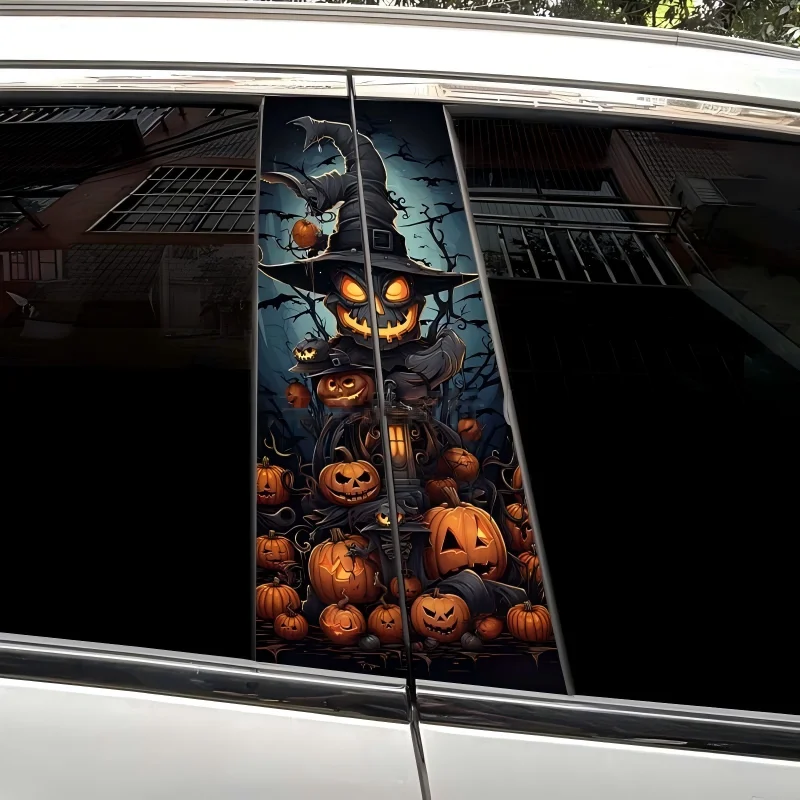 YITAPE 2Pcs Halloween Pumpkin Car A B Pillar Stickers Waterproof Vinyl Auto Center Pillar Decals Sunscreen Horror Party Decor
