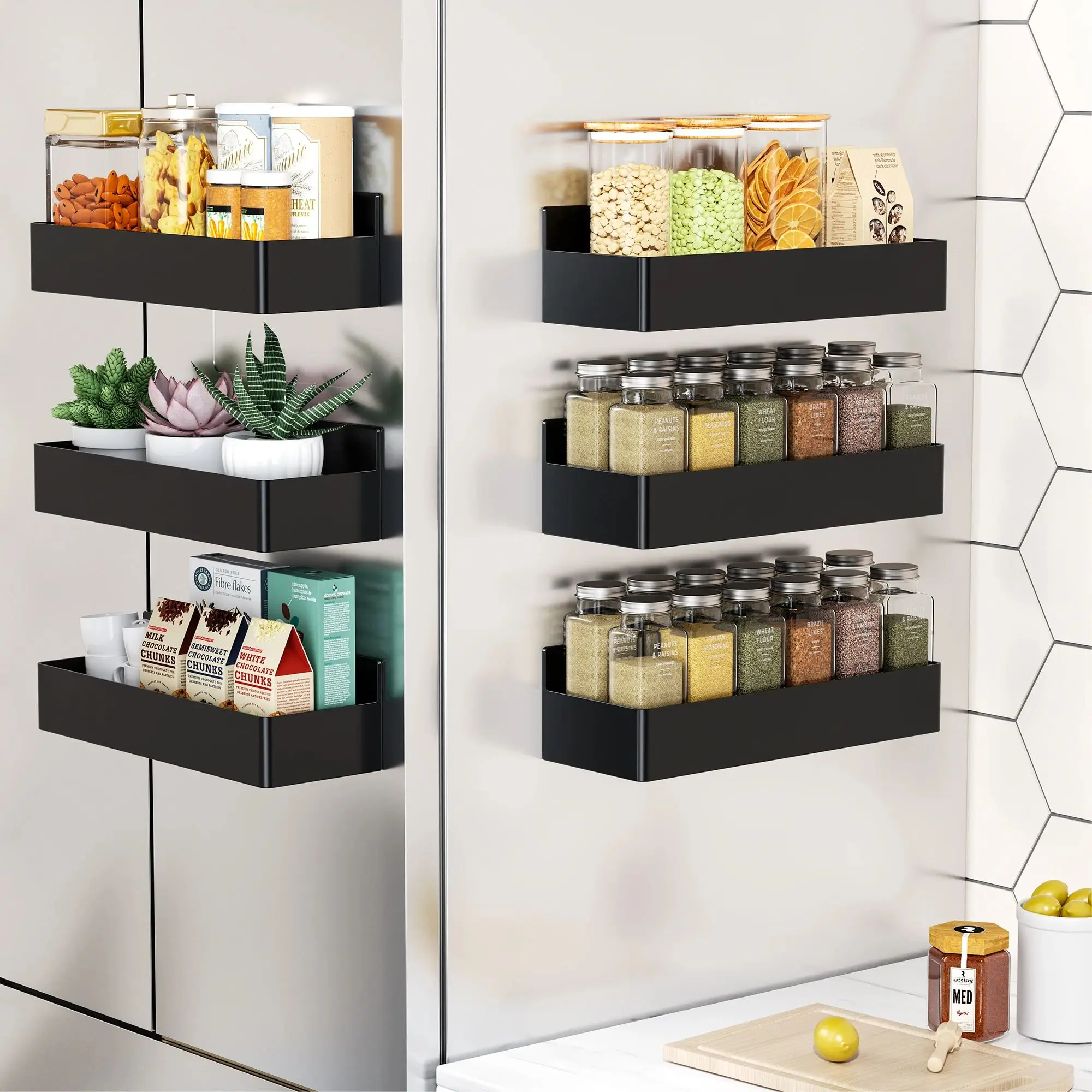 6PCS Magnetic Spice Storage Rack Black White Plastic Fridge Shelf Cabinet Organizer Kitchen Accessories the Side of Refrigerator