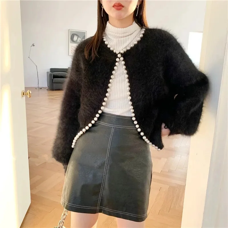 2026 Autumn Winter New Fashion Ladies Pearl Knit Lantern Sleeves Imitation Mink Fleece Sweater Cardigan Jacket Women Outerwear