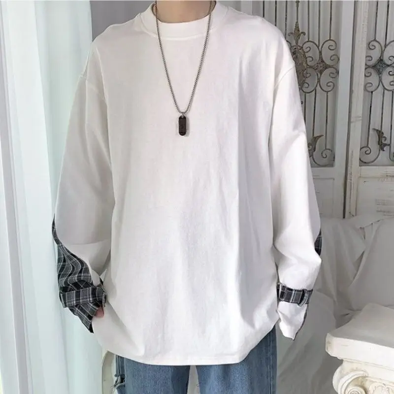 Stylish O-Neck Spliced Loose Korean Plaid T-Shirt Men Clothing 2023 Spring New Casual Pullovers Long Sleeve All-match Tee Shirt