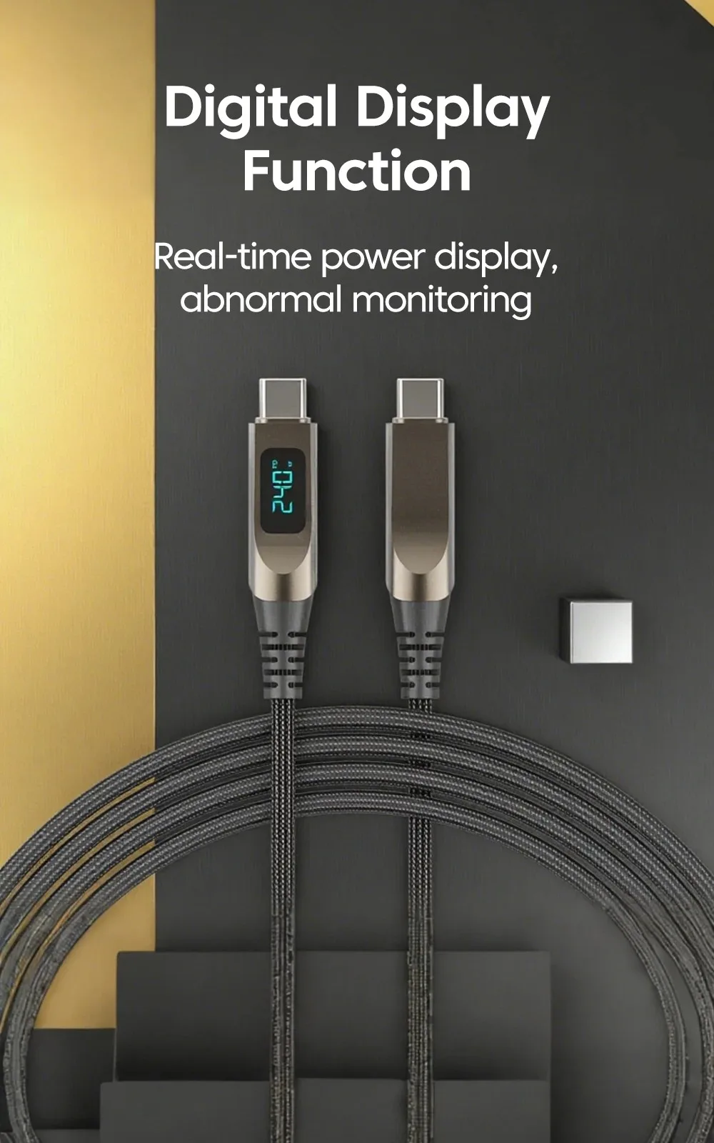 Digital Display USB C to USB C Cable 5A Type C to Type C Nylon Braided Data Cord PD Fast Charging for iPhone15 16 Samsung Xiaomi