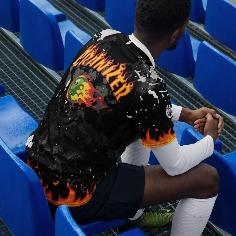 Men Black Splatter V Neck Bowling Jersey  Cranker Flame Bowling Ball Pin Graphic Front Back Full Print Quick Dry Sports Tee