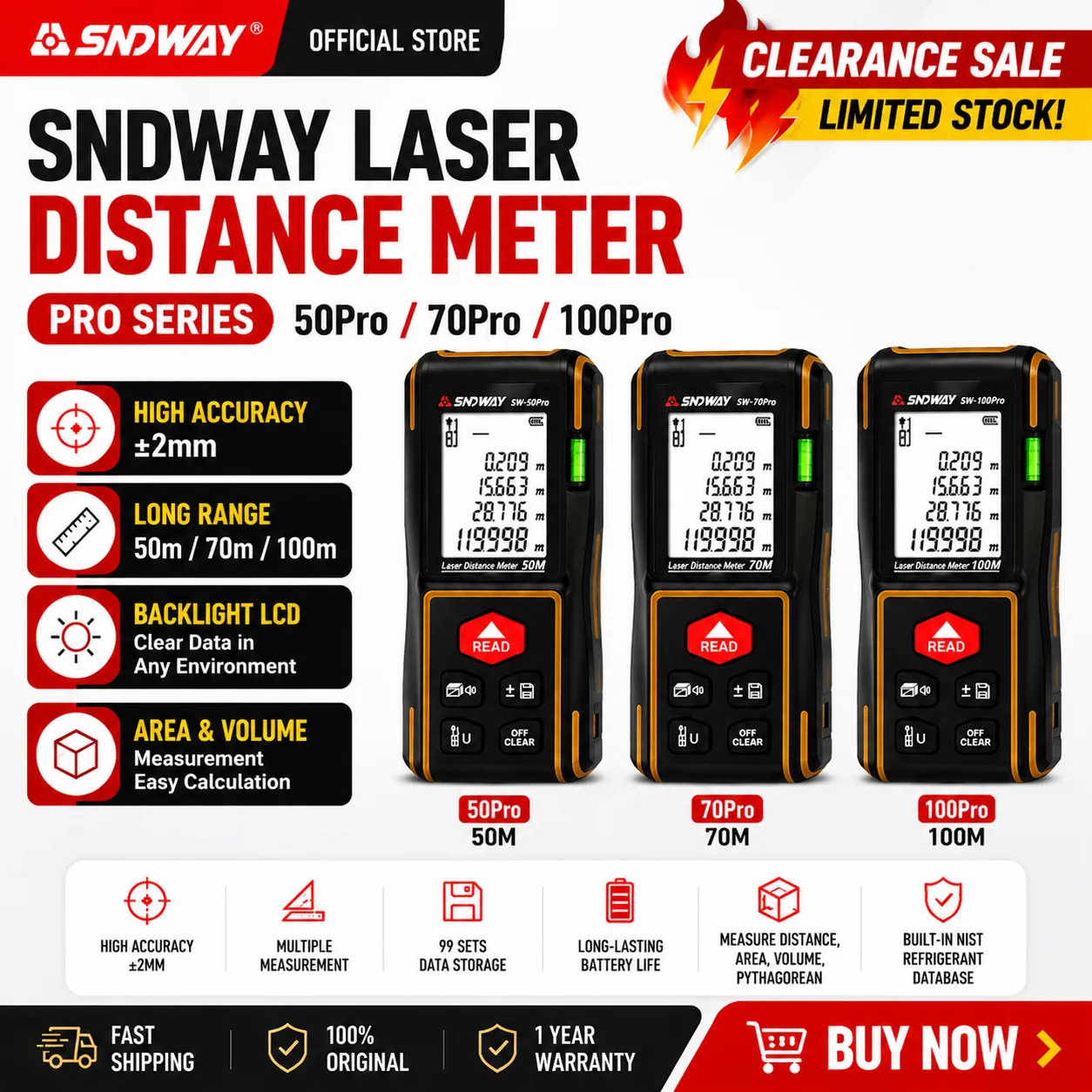 SNDWAY Laser Distance Meter 50Pro/100Pro 50m 100m High Precision (±2mm) Measuring Tool with Backlit LCD M/FT