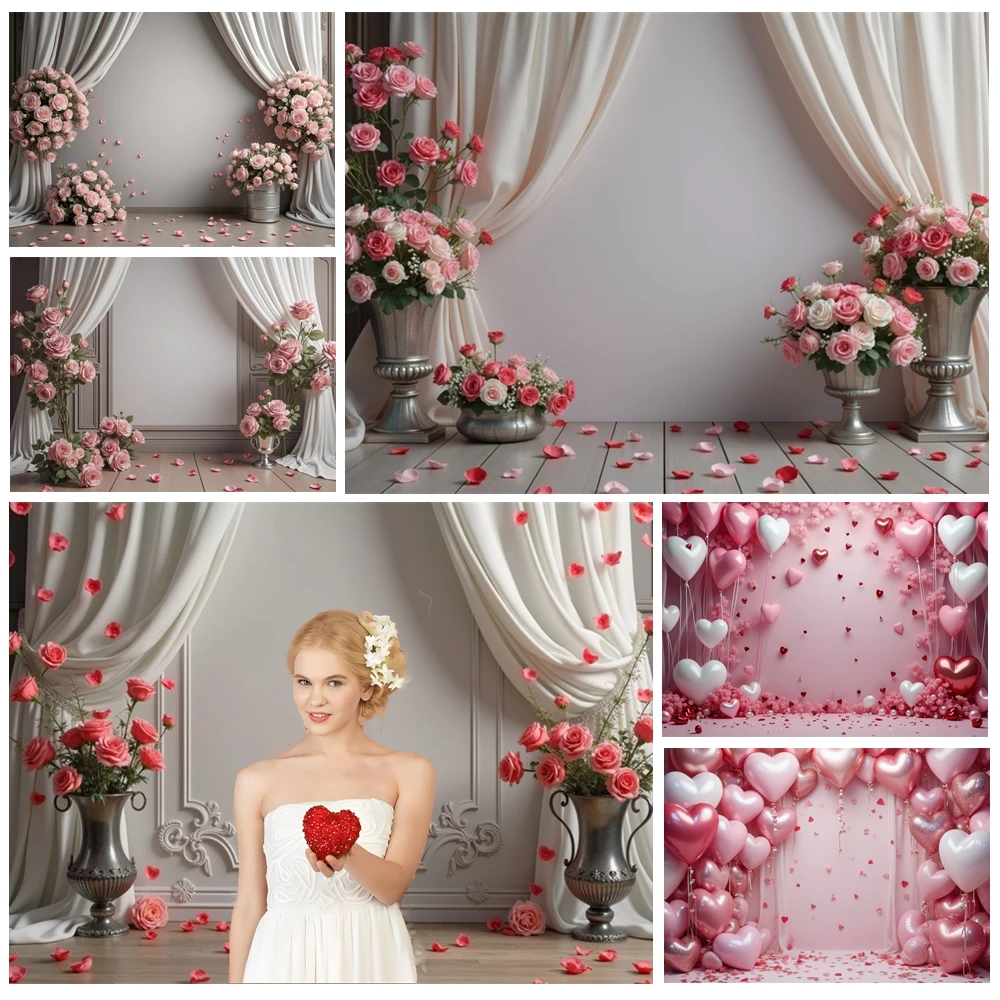

MOON.QG Valentine's Day Floral Backgrounds For Photographs Pink Curtain Heart Balloon February 14 Backdrop Photo Studio Shooting