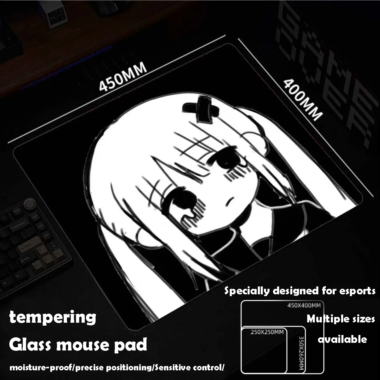 Black And White Glass Mousepad Sora Game Mouse Pad Customized Pattern Tempered Smooth Gaming Desk Mat Fps Esports Office Gaming
