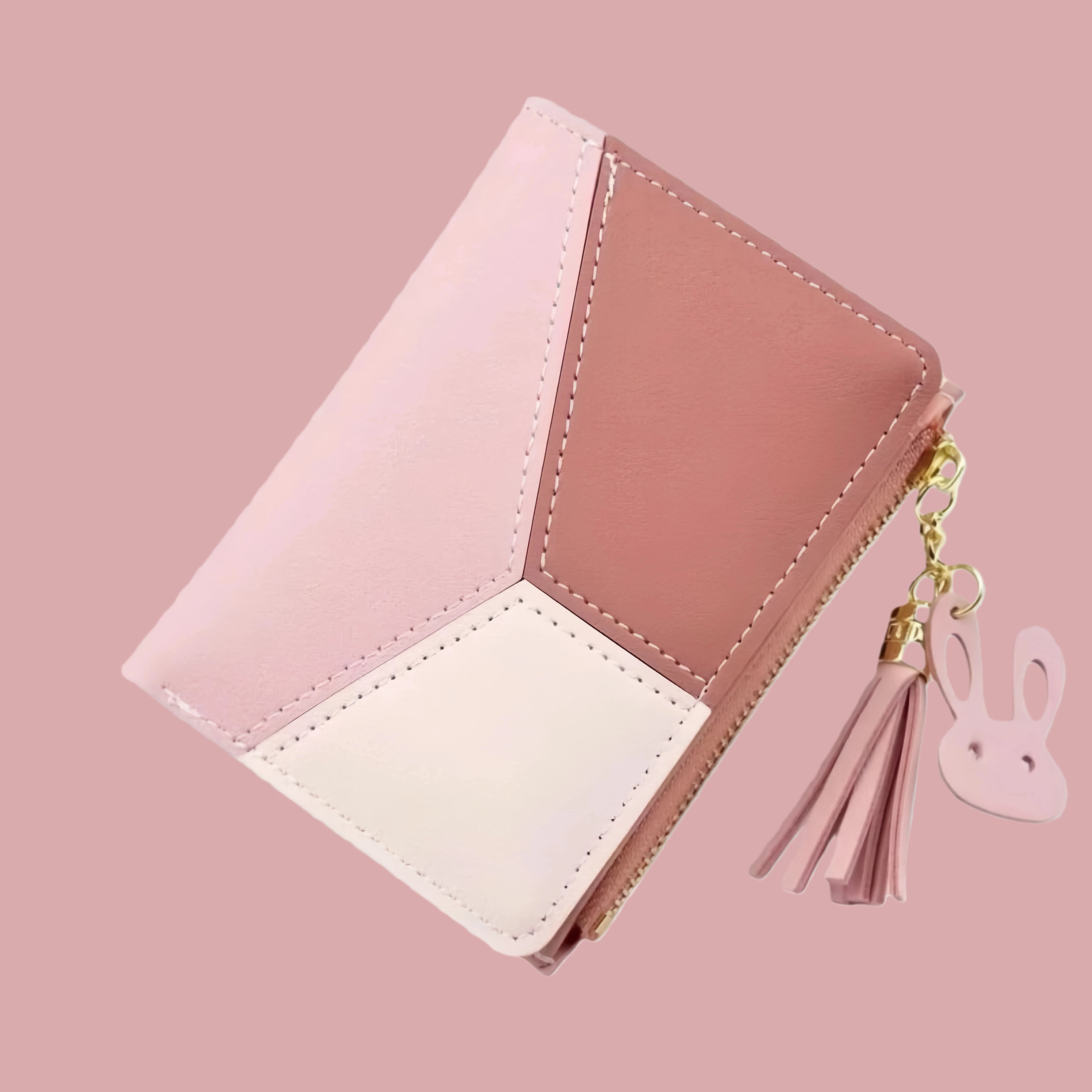 

Elegant Women’s Short Wallet, Fashion Tri-Color Patchwork Card Holder with Cute Bunny-Ear Tassel Charm, Student Coin Purse