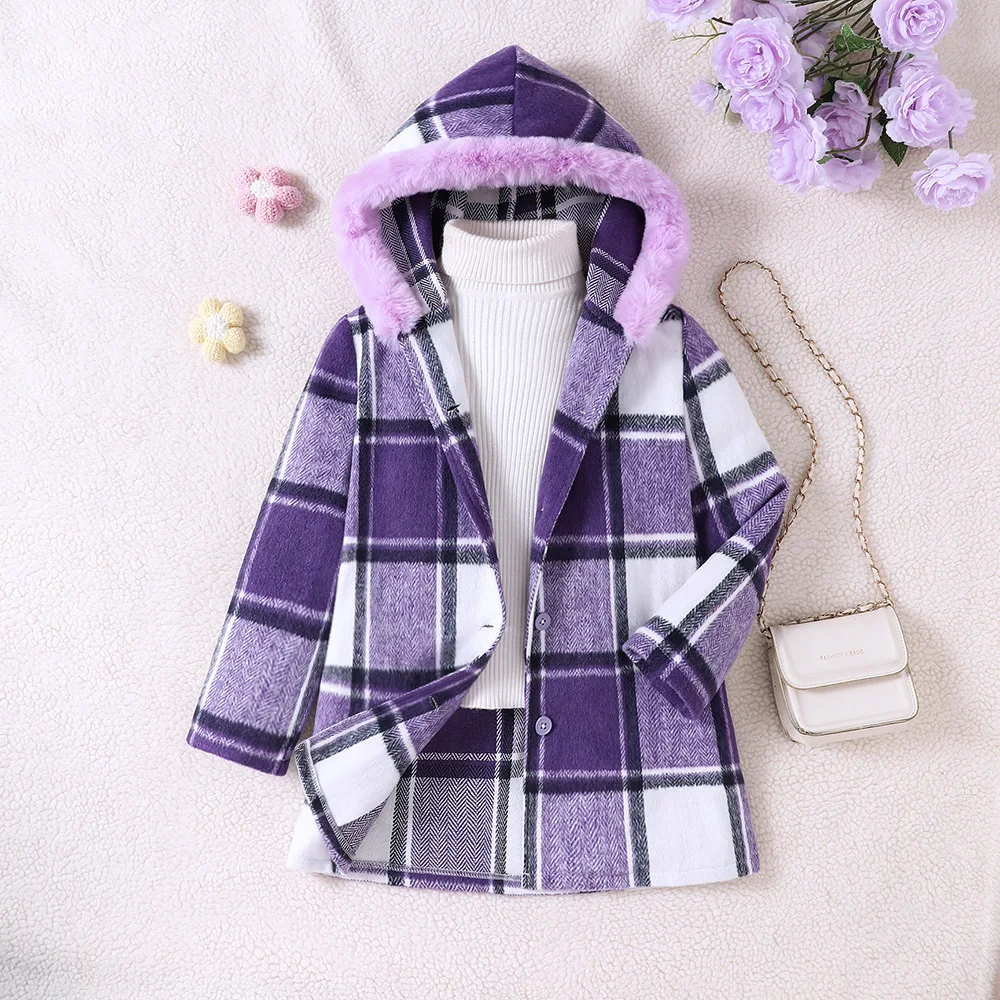 2024 New Arrivals Spring Autumn Children Long Sleeve Hooded Plaid Purple Casual Cute Child Clothes Overcoat 7-14T