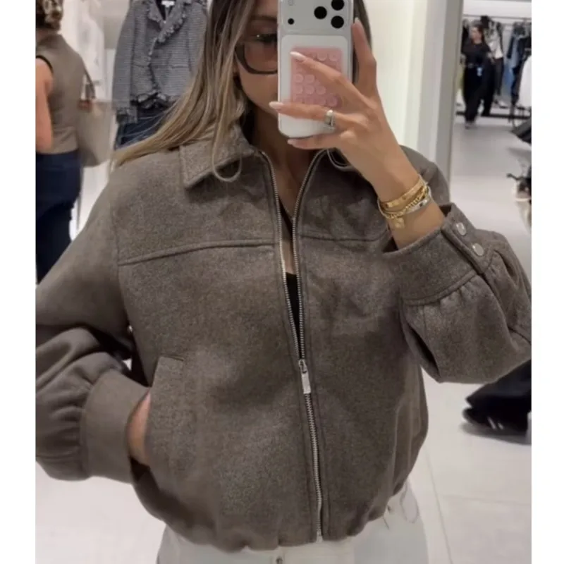 Women's Jackets Autumn Winter Fashion Lapel Collar Long Sleeve Zipper Elastic Hem Coat Casual Female Streetwear Outerwear