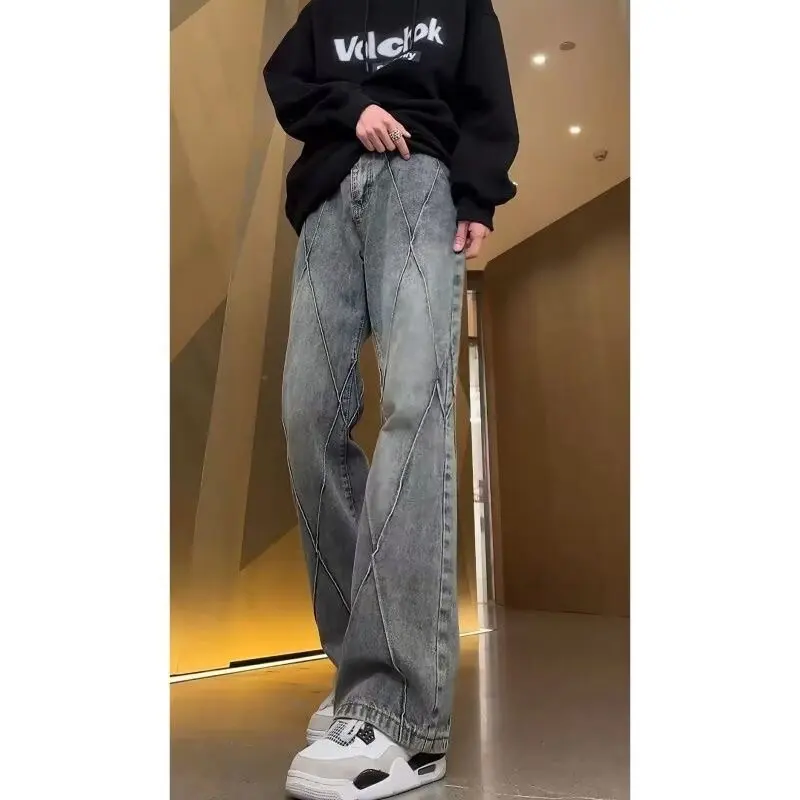 

American Style High Street Spliced Design Jeans 2025 Men's Fashion Brand Youthful Vitality Versatile Bootcut Straight Leg Pants