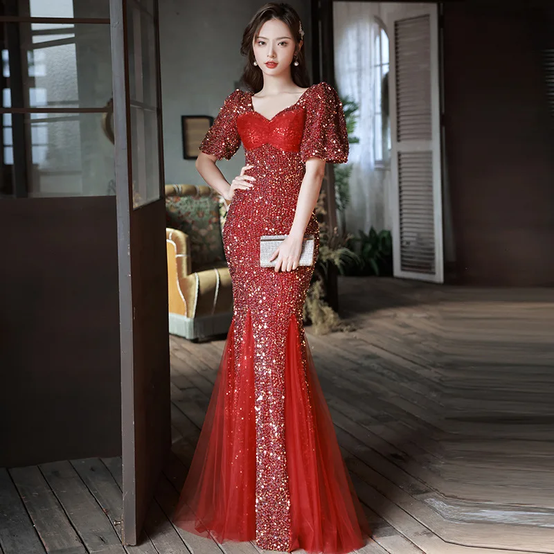 

Sexy Burgundy Long Mermaid Wedding Dress Women Sparkly Exquisite Sequins Party Gown Robe De Soiree