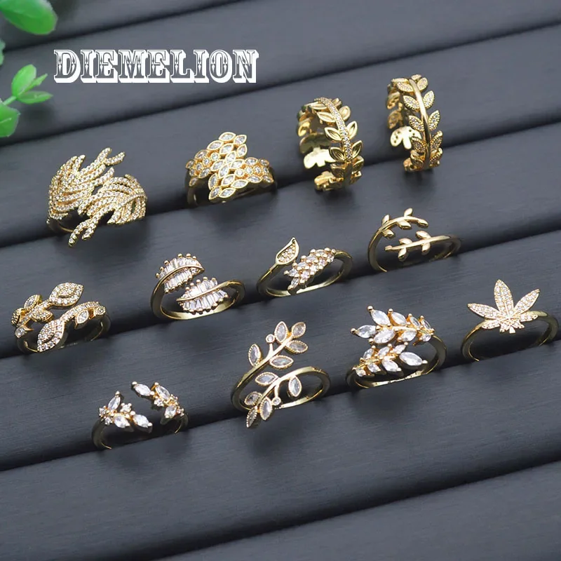 Luxury Crystal Cubic Zirconia Leaf Rings for Women 14K Gold Plating Resizable Leaves Finger Rings Elegant Jewelry Party Gifts