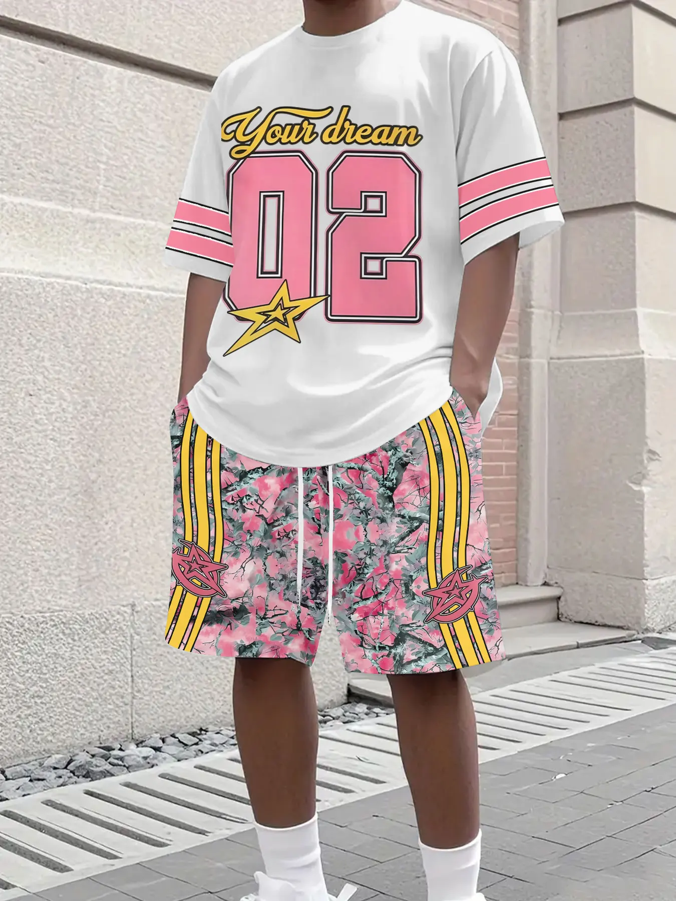 

Men's Quick Dry Fashion Summer 3D Print Short Sleeve Shirt with Digital Print Drawstring Shorts Casual Streetwear Set