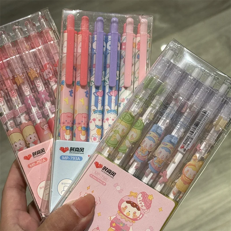

6pcs cartoon gel pen set, fashionable push-action, cute girly black quick-drying boxed pen, suitable for learning and office use