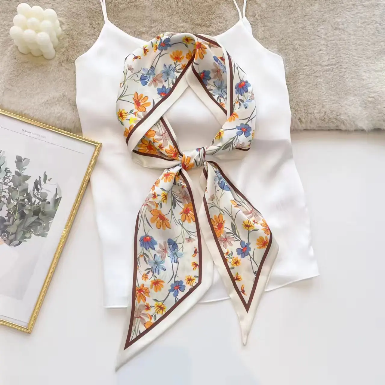 Narrow Long Silk Scarf Headband Decorative Hair Tie Lmitation Silk Scarf Diagonal Silk Scarf Light Luxury Scarf Silk Scarf