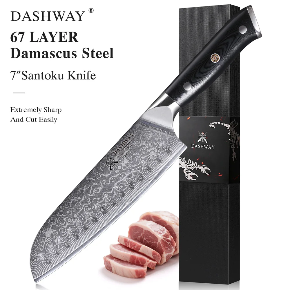 DASHWAY 7-Zoll Japanisches Santoku-Messer aus 67-lagigem Damaszener Stahl, Professionelles Kochmesser, Fleischmesser, Rindfleisch-Küchenwerkzeug